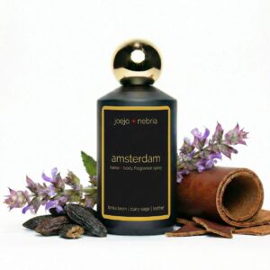 Amsterdam Home + Body Fragrance Spray by JoeJo + Nebria with tonka bean, clary sage, and leather notes