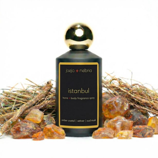 Istanbul home and body fragrance spray by JoeJo + Nebria with amber crystal, vetiver, and oud musk