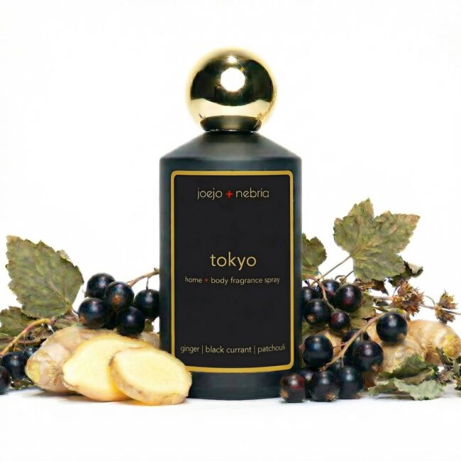 Tokyo home and body fragrance spray by JoeJo + Nebria with ginger, black currant, and patchouli