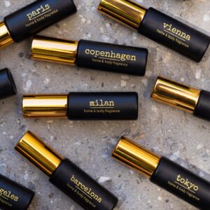 JoeJo + Nebria mini fragrance sprays styled flat lay