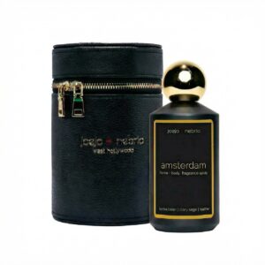Amsterdam home and body fragrance spray in black bottle with black vegan leather container