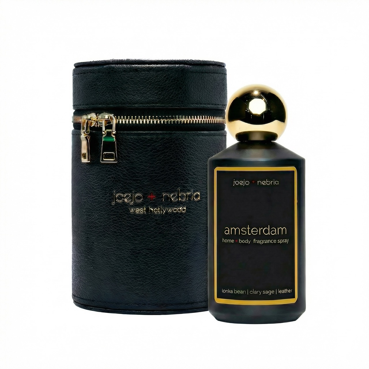 Amsterdam home and body fragrance spray in black bottle with black vegan leather container