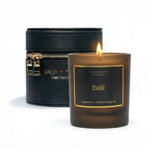 Bali scented candle with black vegan leather container, grapefruit neroli and orange oil fragrance