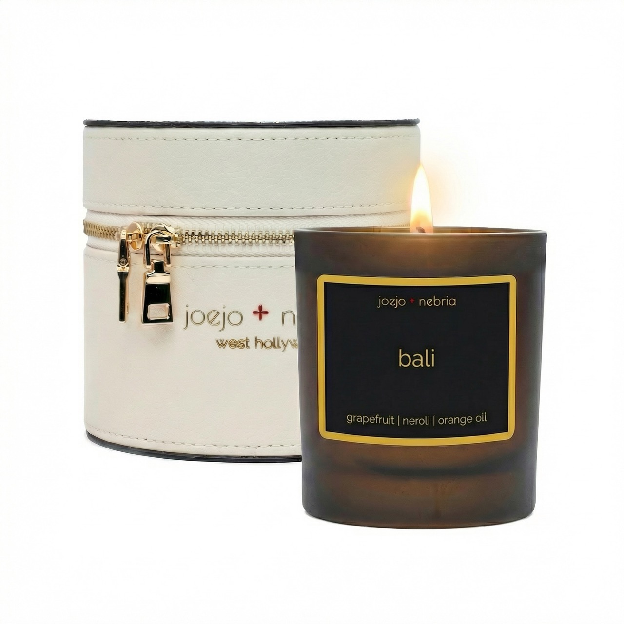 Bali scented candle with cream vegan leather container, grapefruit neroli and orange oil fragrance