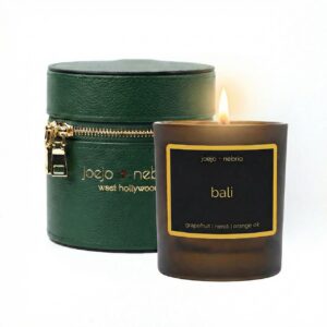 Bali scented candle with green vegan leather container, grapefruit neroli and orange oil fragrance
