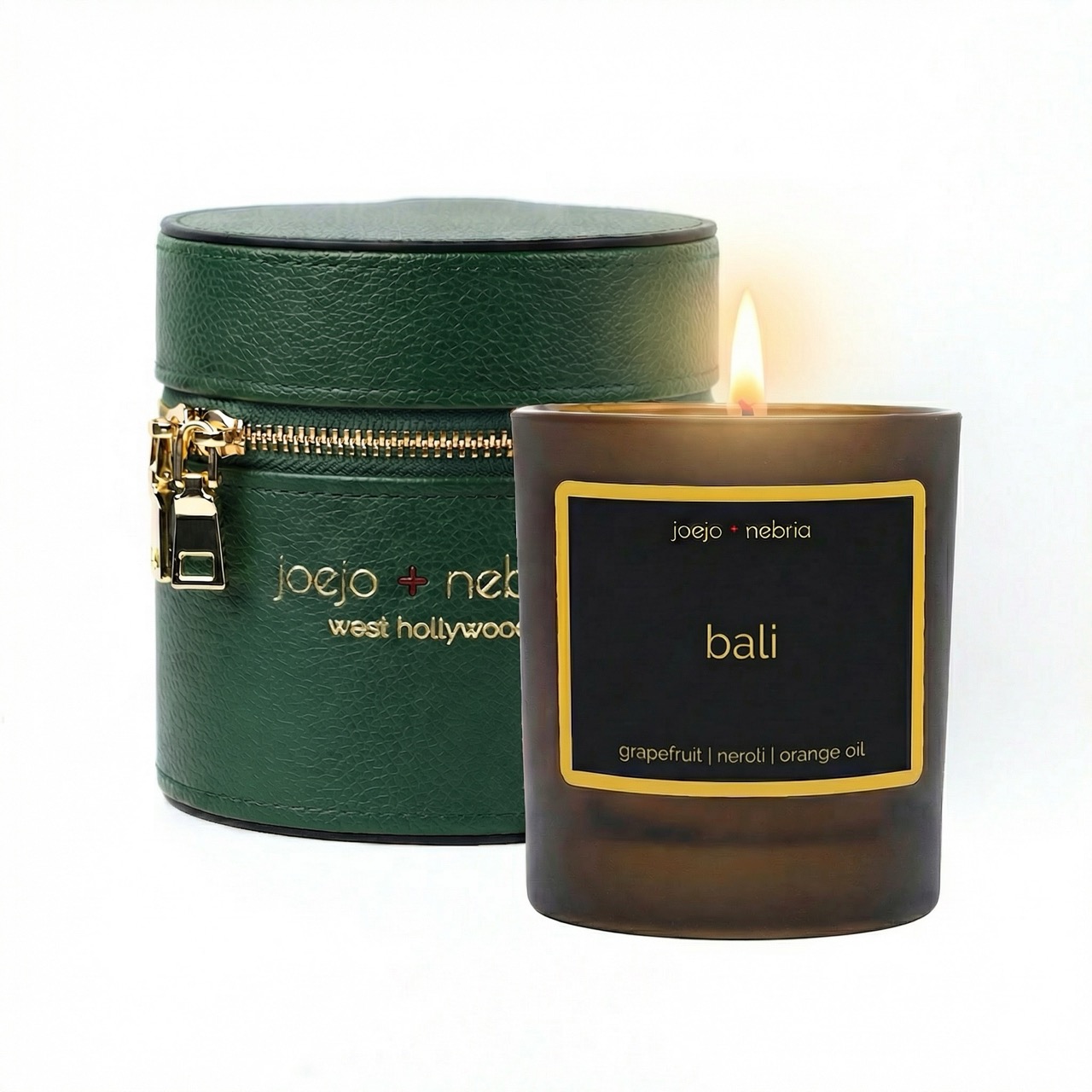 Bali scented candle with green vegan leather container, grapefruit neroli and orange oil fragrance