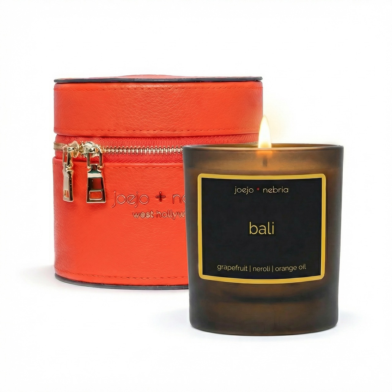 Bali scented candle with orange vegan leather container, grapefruit neroli and orange oil fragrance