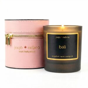 Bali scented candle with pink vegan leather container, grapefruit neroli and orange oil fragrance