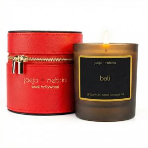 Bali scented candle with red vegan leather container, grapefruit neroli and orange oil fragrance
