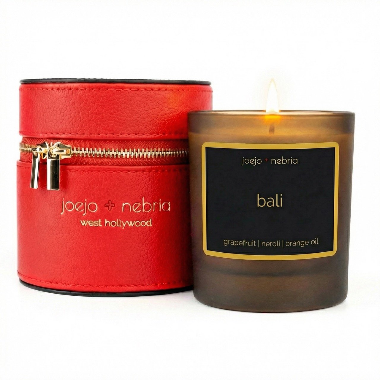Bali scented candle with red vegan leather container, grapefruit neroli and orange oil fragrance
