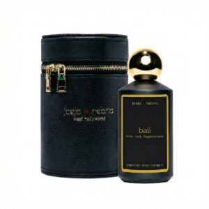 Bali home and body fragrance spray in black bottle with black vegan leather container
