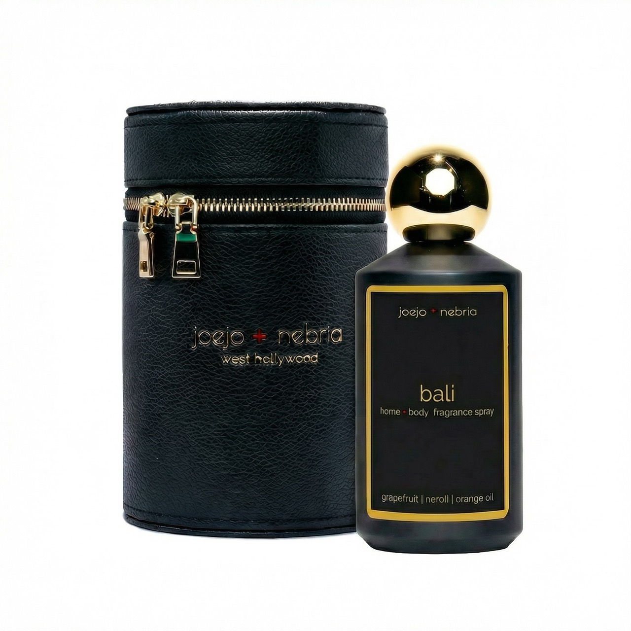 Bali home and body fragrance spray in black bottle with black vegan leather container