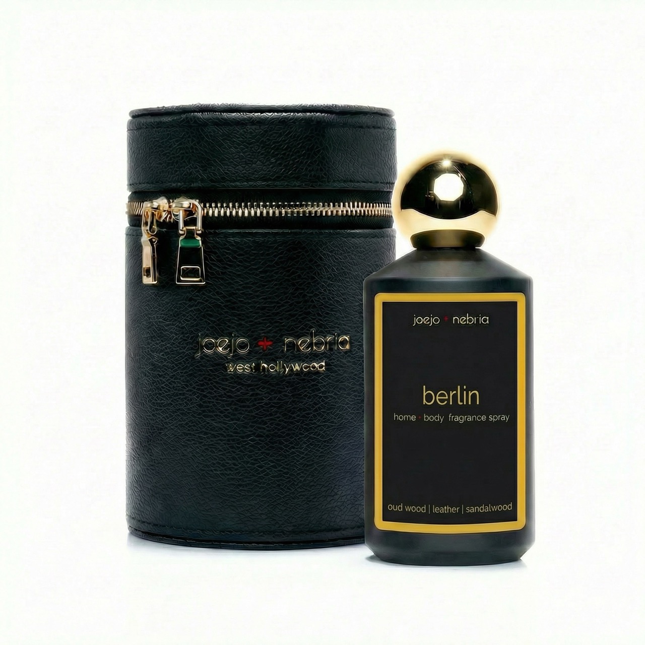 Berlin home and body fragrance spray in black bottle with black vegan leather container
