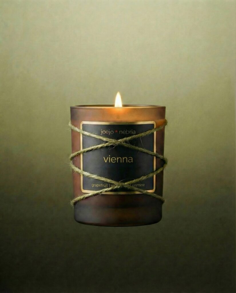 Vienna luxury candle wrapped with twine rope, lit home fragrance candle