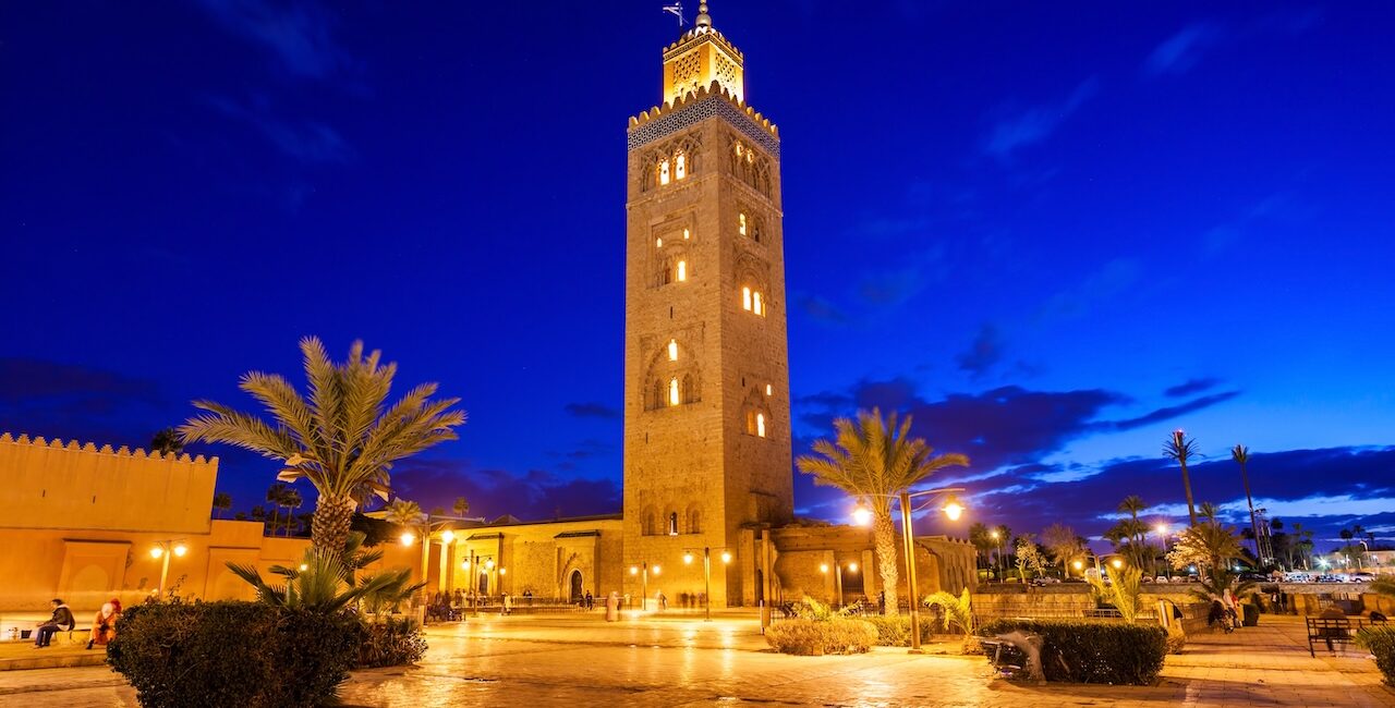 Marrakech luxury fragrance – Koutoubia Mosque minaret illuminated at night – JoeJo+Nebria