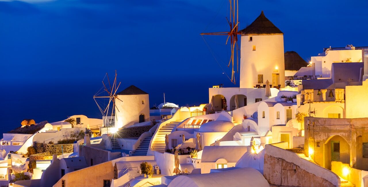Mykonos luxury fragrance – Kato Mili windmills in Mykonos Town (Chora) at dusk – JoeJo+Nebria