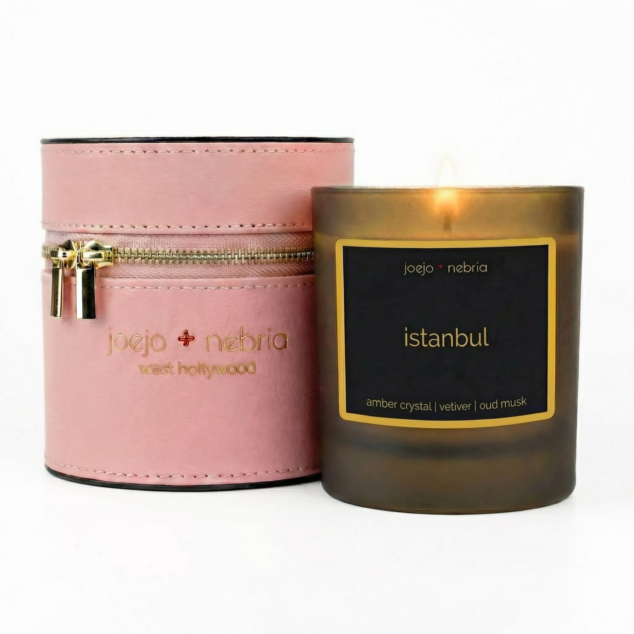 Istanbul scented candle pink container Istanbul scented candle with pink vegan leather container, amber crystal vetiver and oud musk fragrance