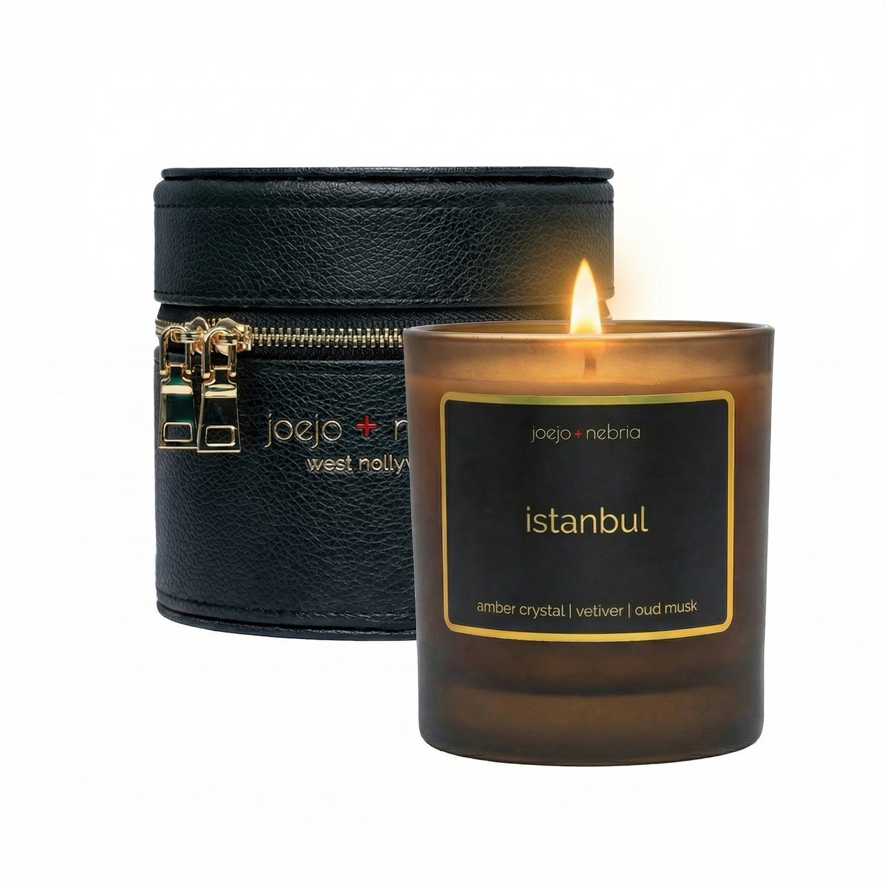 Istanbul scented candle black container Istanbul scented candle with black vegan leather container, amber crystal vetiver and oud musk fragrance