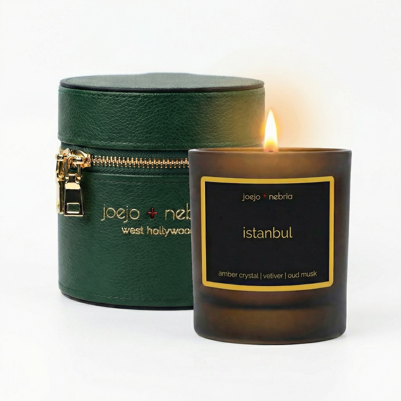 Istanbul scented candle green container Istanbul scented candle with green vegan leather container, amber crystal vetiver and oud musk fragrance