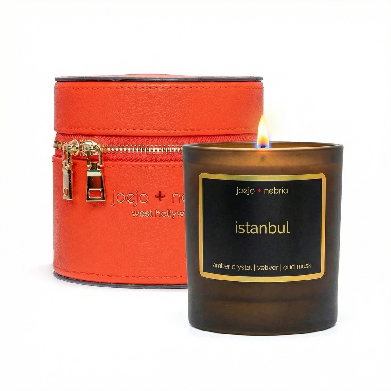 Istanbul scented candle orange container Istanbul scented candle with orange vegan leather container, amber crystal vetiver and oud musk fragrance