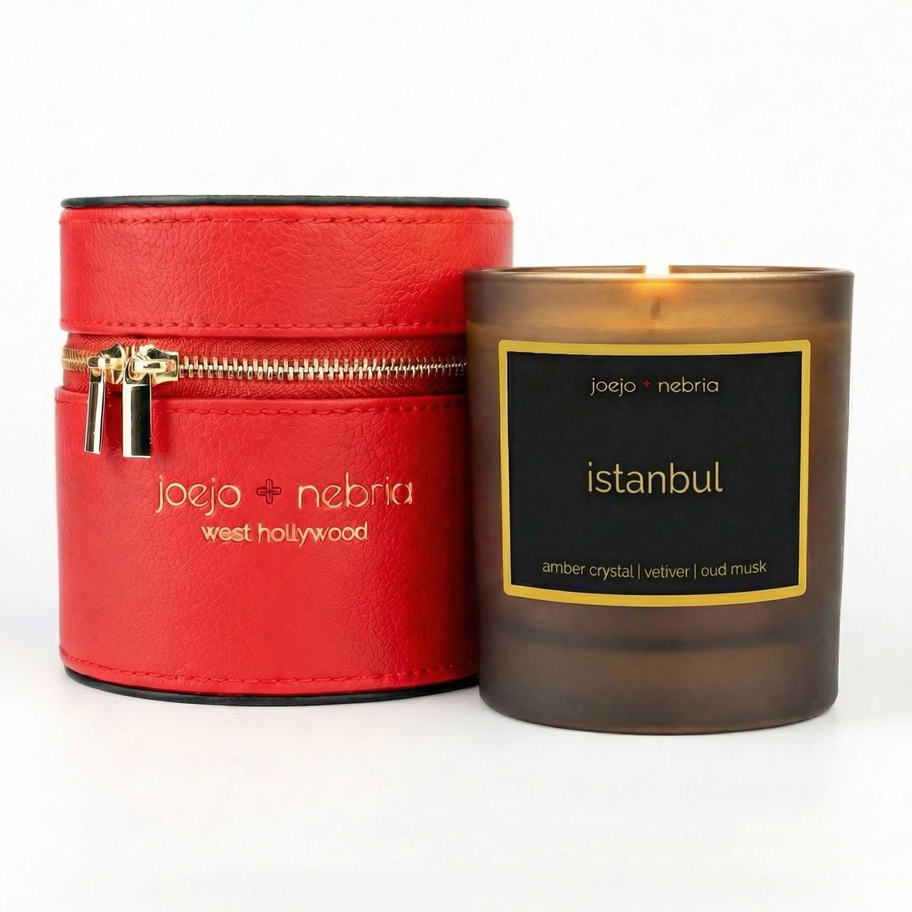 Istanbul scented candle red container Istanbul scented candle with red vegan leather container, amber crystal, vetiver and oud musk fragrance