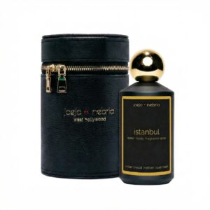 Istanbul home and body fragrance spray in black bottle with black vegan leather container