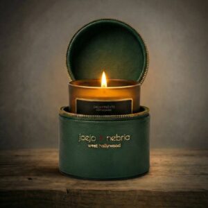 candle inside vegan leather container with lid open – reusable luxury candle container | JoeJo+Nebria
