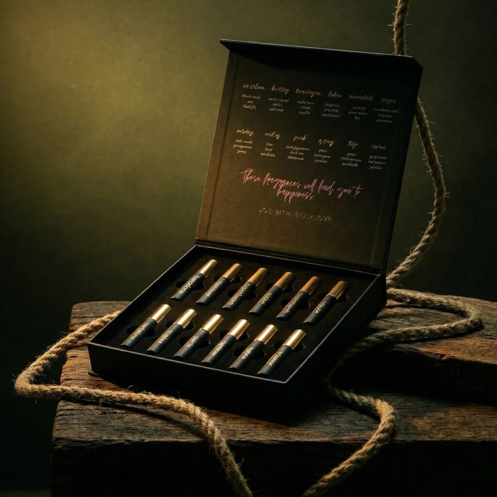 Luxury fragrance discovery set with 12 mini spray perfumes in black box
