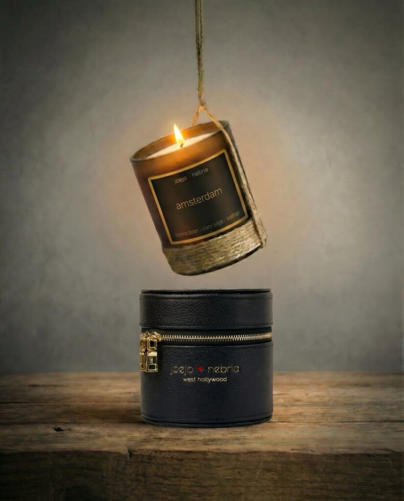 Amsterdam scented candle JoeJo Nebria black vegan leather container lit candle