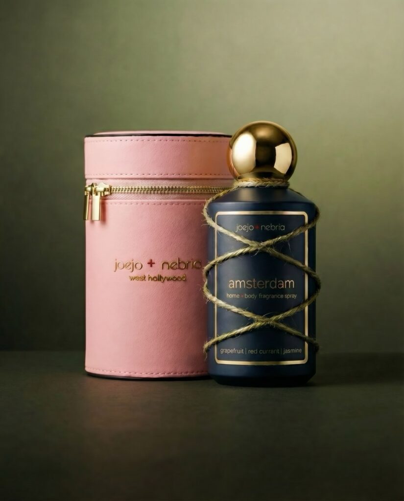 Amsterdam home and body fragrance spray JoeJo Nebria pink vegan leather container