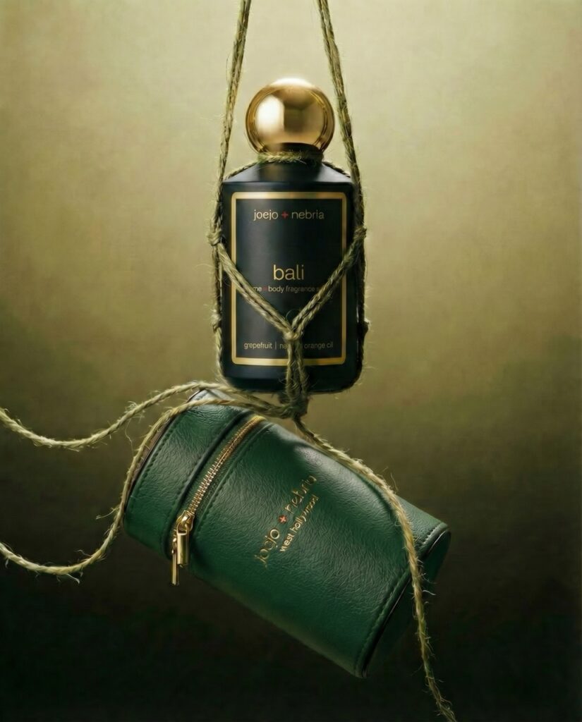 Bali home and body fragrance spray by JoeJo + Nebria with green vegan leather container and gold cap