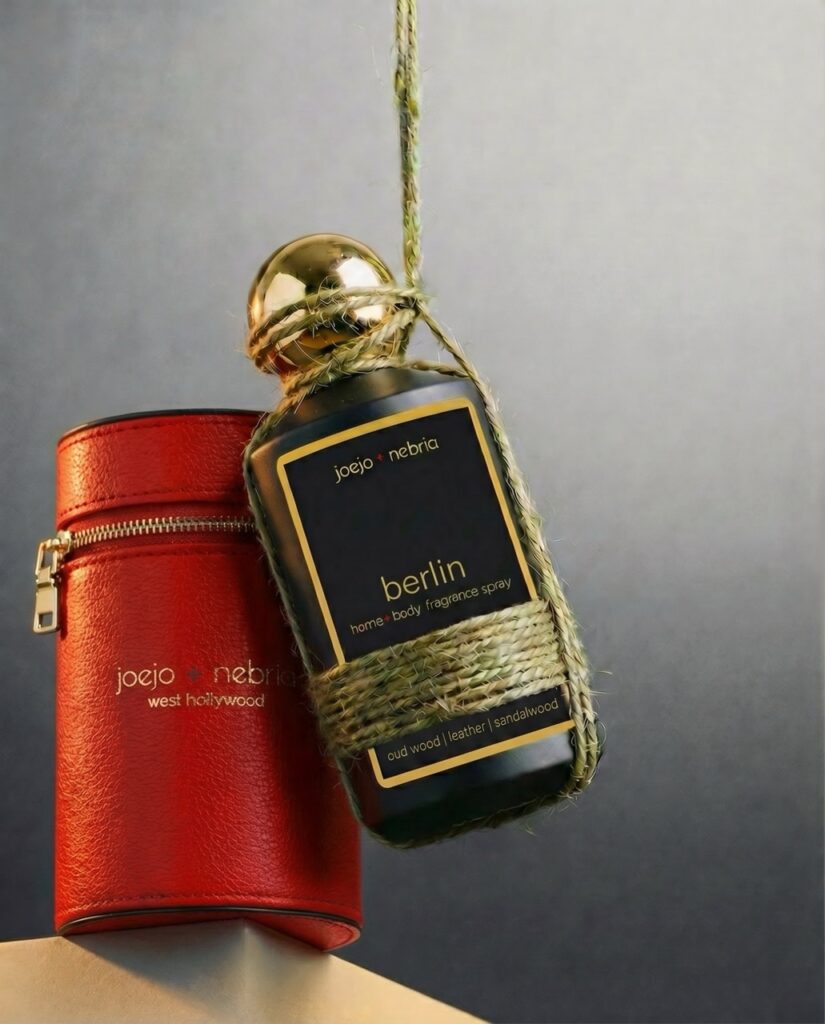 Berlin home and body fragrance spray by JoeJo + Nebria with red vegan leather container and gold cap