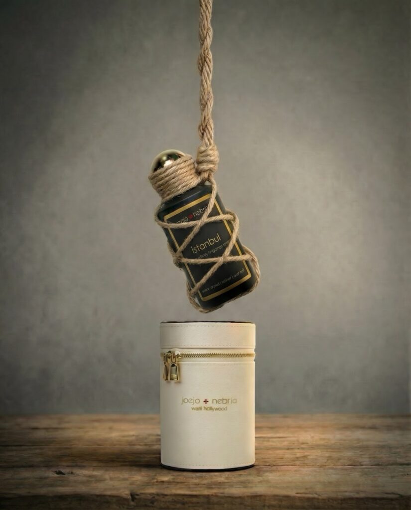 Istanbul home and body fragrance spray in cream vegan leather container with twine wrap