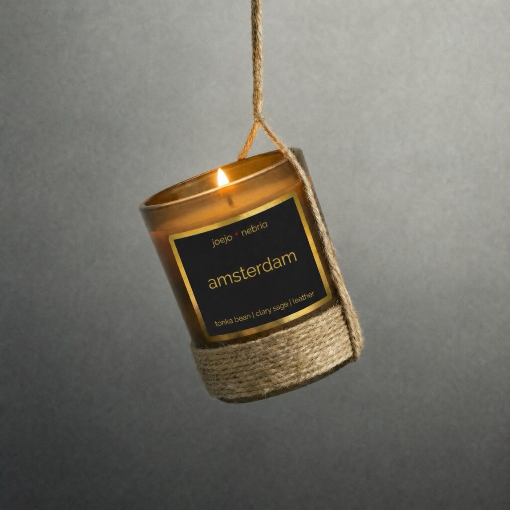 JoeJo + Nebria Amsterdam luxury scented candle with tonka bean, clary sage, and leather fragrance notes, suspended in a handcrafted rope holder with a glowing flame against a dark textured background.