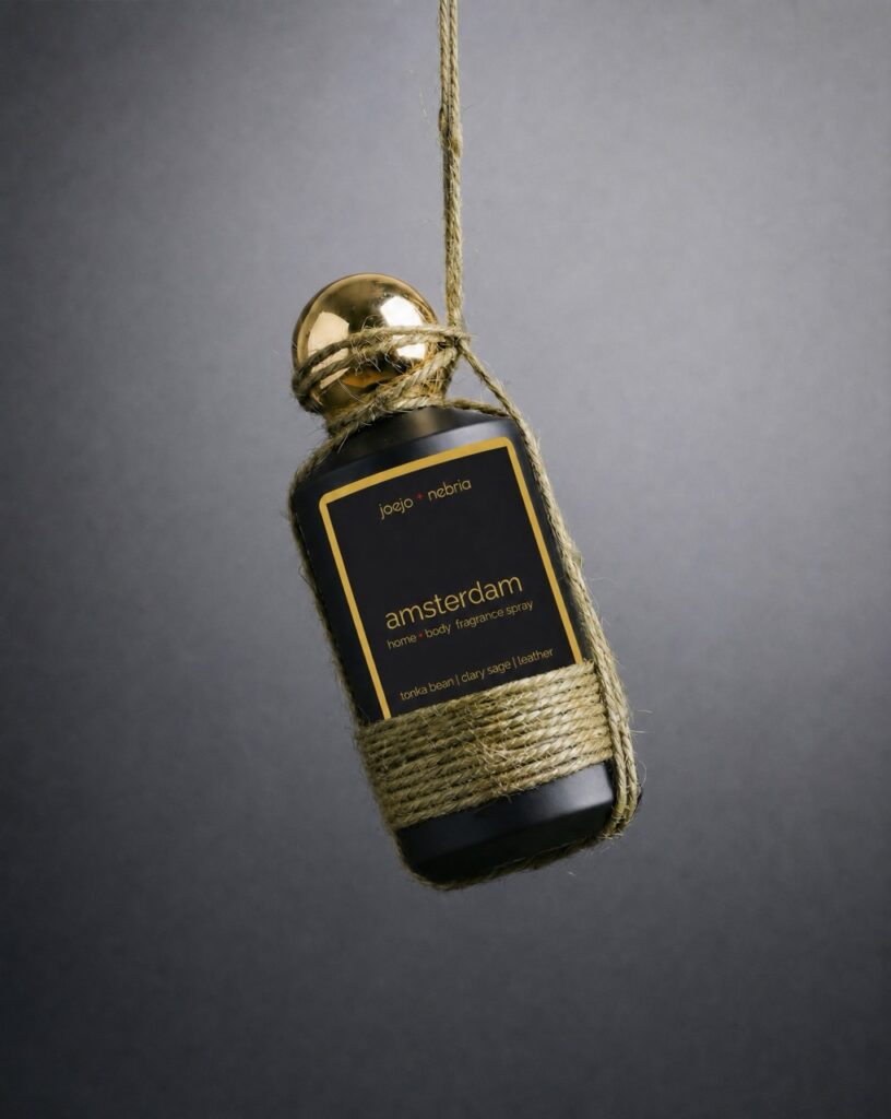 JoeJo + Nebria Amsterdam Home + Body Fragrance Spray featuring tonka bean, clary sage, and leather fragrance notes, displayed in a handcrafted rope holder with a gold cap against a dark textured background.