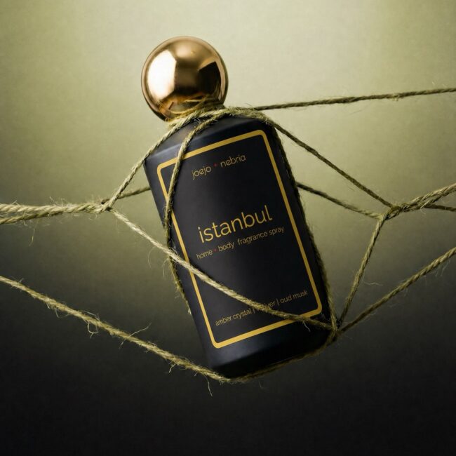 JoeJo + Nebria Istanbul Home + Body Fragrance Spray featuring amber crystal, vetiver, and oud musk fragrance notes, displayed within an artistic arrangement of intertwined natural rope against a warm olive-toned background.