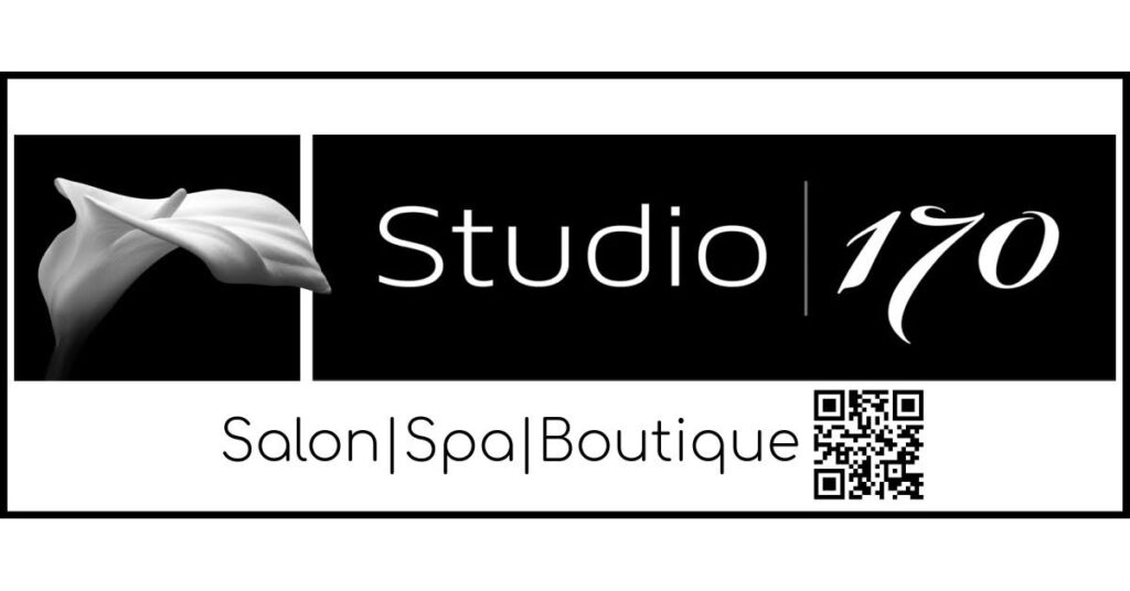 Studio 170 Salon Spa Boutique logo featuring a floral graphic, modern typography, and QR code.