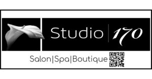 Studio 170 Salon Spa Boutique logo featuring a floral graphic, modern typography, and QR code.